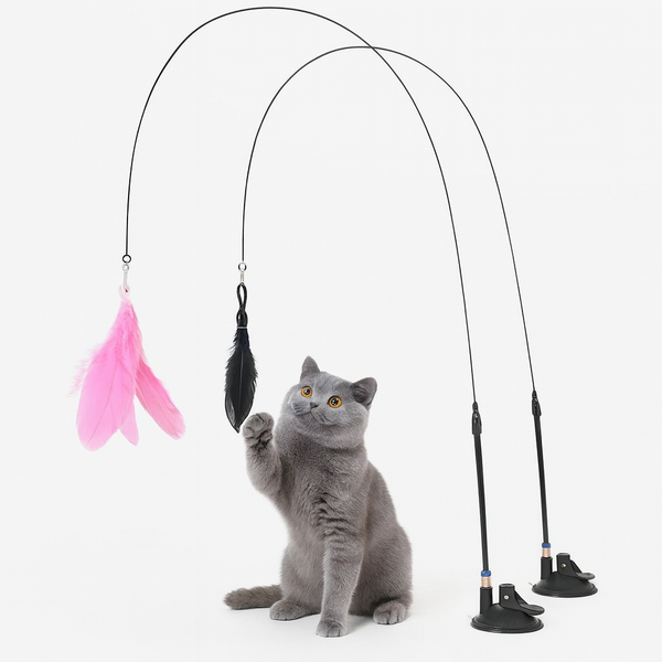 Eurilo™ Cat Feather Teaser Toy – Suction Cup Wand with Bell & Replaceable Head