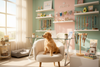 A cozy, modern pet store office of EURILO, filled with shelves of cute dog accessories and toys. A small, fluffy golden retriever puppy is sitting on a stylish chair, looking curiously at a colorful collar on display. Warm, natural lighting, soft pastel colors, and a welcoming, friendly atmosphere. The scene should feel professional, cheerful, and adorable, capturing the charm of EURILO as a premium pet brand.